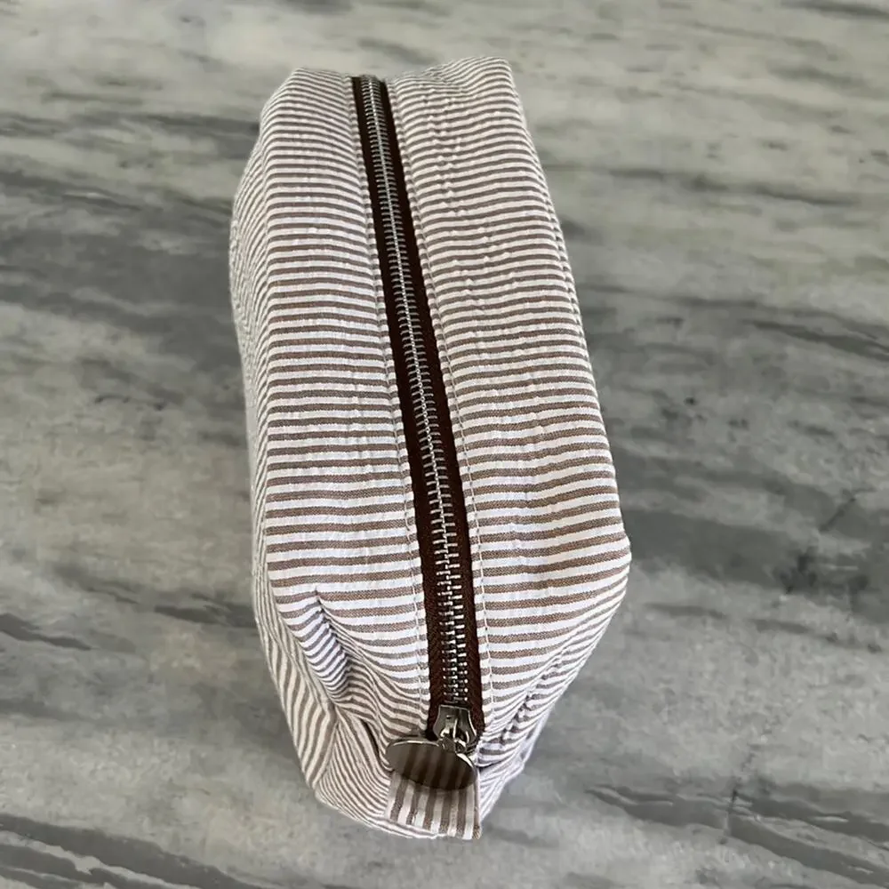 Tan & White Striped Seersucker Travel Cosmetic Bag Zipper Closure